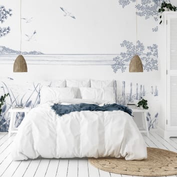 Chambre blanche et bleu avec papier peint panoramique