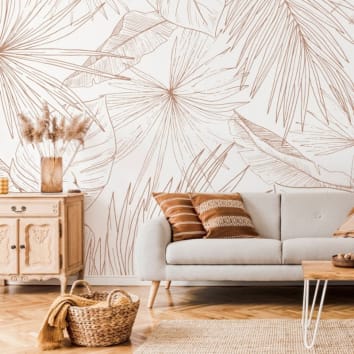 Petit salon nature avec canapé beige, coussins terracota