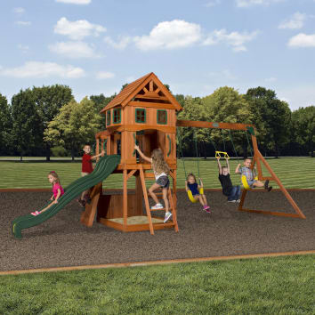 Aire De Jeux Wendi Toys M28L – Maison Sur Pilotis, Toboggan 175 Cm, Double Balançoire, Mur D'escalade, Bois FSC