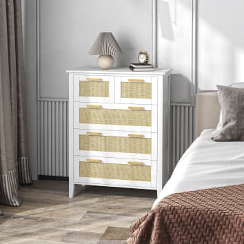 Commode 5 Tiroirs En Rotin Cannage - Dimensions 60x34x91 Cm, Bois Et MDF - Rangement Chambre, Salon, Bureau - 6