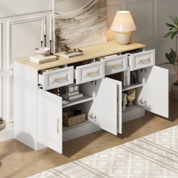 Credenza Bianca 7 Cassetti Con Maniglie E Gambe Oro - 140x35x76 Cm - Guide Lisce, Piedini Antigraffio