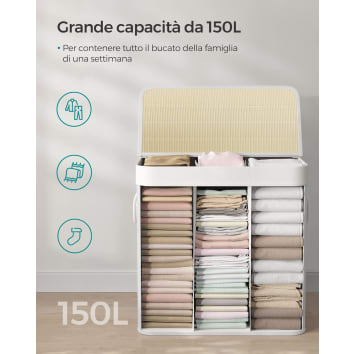 Cesto Portabiancheria 145L Con 3 Scomparti E Coperchio - Pieghevole, Impermeabile, Con Sacchi Rimovibili - 2