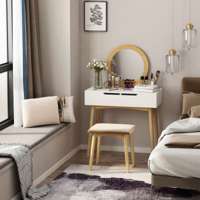 Ensemble Coiffeuse Conrada Vicco – Blanc Sonoma – Miroir + Tabouret + 4 Tiroirs
