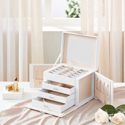 Boîte À Bijoux Avec Couvercle En Verre Et Tiroir, Organisateur À Bijoux En Cuir Pu À 3 Couches