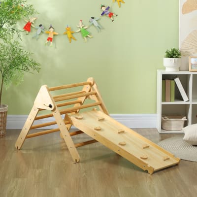 Triangle D'escalade 5-en-1 Pour Enfants - Arche, Rampe Réversible, Toboggan Et Bascule - Bois Naturel, Pliable, 50 Kg Max - 18-48 Mois