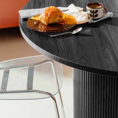 Tavolo Da Pranzo Rotondo OSP Mid-Century Modern - 114 Cm, Base A Croce In Metallo Nero, Piano In Impiallacciatura Nera, Per 4 Posti - 4