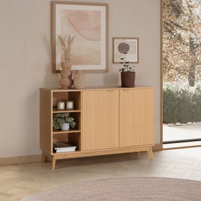 Buffet Haut AMANA Effet Chêne Et Cannage Rotin 2 Portes 90cm