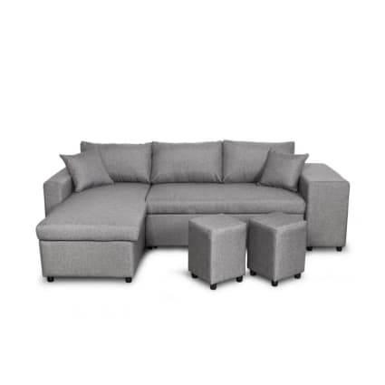 Canapé D'angle Convertible Et Réversible En Tissu Avec Coffre De Rangement Et Poufs Anthracite Selim