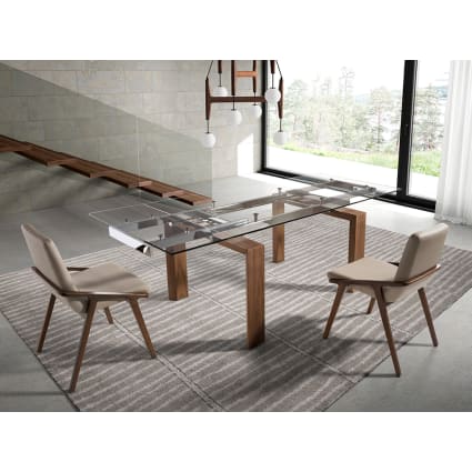 Tavolo da pranzo allungabile in vetro temperato e legno di noce