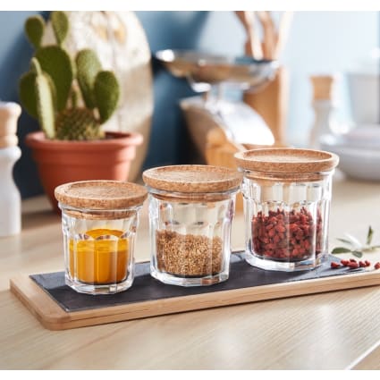 6 Pots à épices Avec Cuillère Intégrée - 200 Ml, Couvercle Liège, Transparents, Pour Cuisine Et Salle De Bain