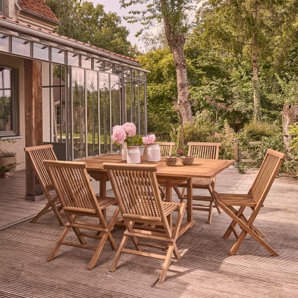 Set da esterno con tavolo allungabile in teak oliato per 6/8