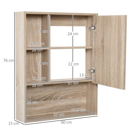 Armoire Salle De Bain Avec Miroir - 2 Portes, 2 étagères, 60x15x60 Cm, à Fixer Au Mur, Couleur Naturel