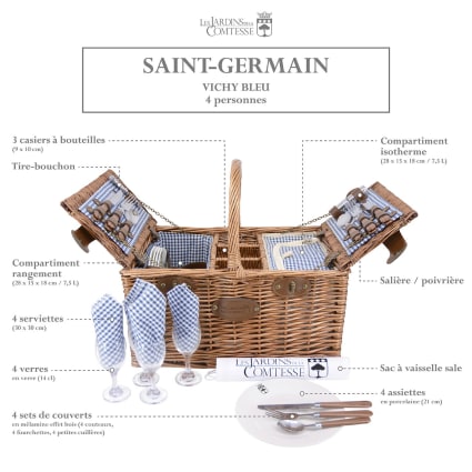 Cesta De Picnic De Mimbre Para 4 Personas - Incluye Vajilla De Cerámica, Mantel Y Nevera - Azul Y Blanco A Rayas, 48x32x40 Cm