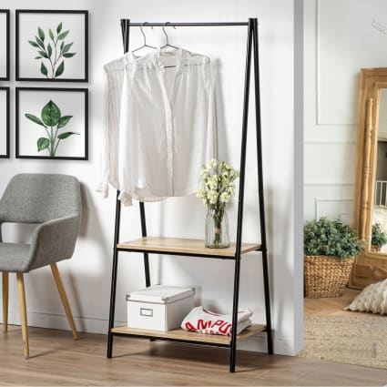 Perchero baldas estilo industrial Negro y efecto madera