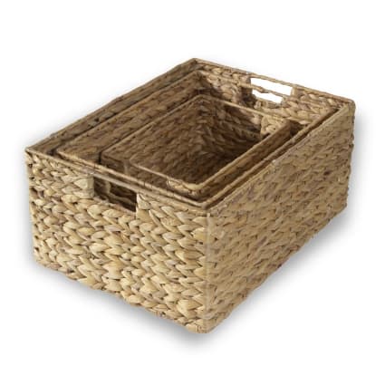 BARIEN Set di 6 cestini portaoggetti in giacinto d'acqua naturale, 32 x 20 x 17,8 cm, rettangolari in vimini con manici incorporati, medio (naturale - set di 6