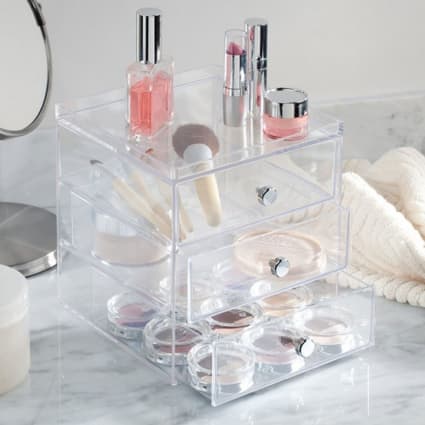 Boîte Rangement Maquillage + Sac - Transparente, 3 Compartiments - 18,5x6x8 Cm Et 15x7x10,5 Cm