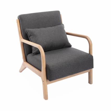 Design Sessel Holz und Stoff, Dunkelgrau, gerader Sessel, Lorens