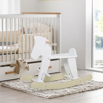 Cheval à Bascule En Bois HOMCOM - Jouet Bascule Avec Poignées, Repose-Pieds Et Butées De Sécurité Blanc Naturel