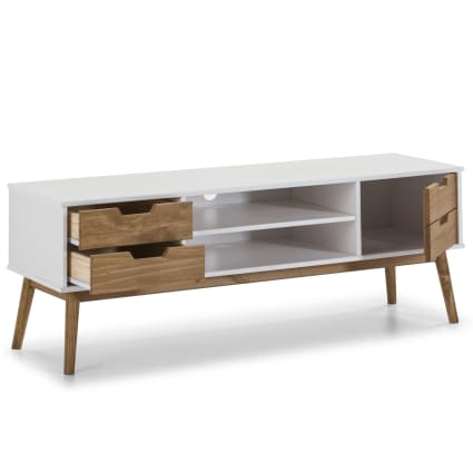 Meuble TV Extensible 140-190 Cm – Blanc Et Bois, 2 Tiroirs, 1 Porte – Design Moderne Pour Salon - 1