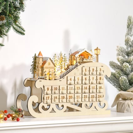 Calendrier De L'Avent LED Village Enneigé Avec 24 Tiroirs - Déco Noël Lumineuse, Beige