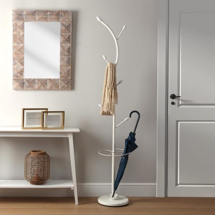 Perchero de pie con paragüero en metal blanco