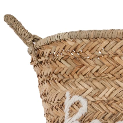 Panier à Linge Rond En Osier Tressé – Blanc Lavé Et Beige – 60L Avec Housse Coton Amovible – Diamètre 39 Cm X H55 Cm