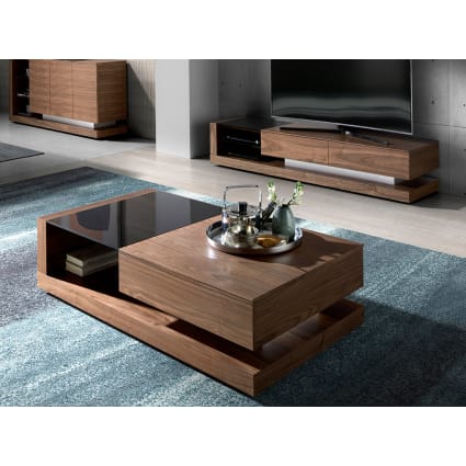 Tavolino in legno di noce e vetro colorato nero con cassetto