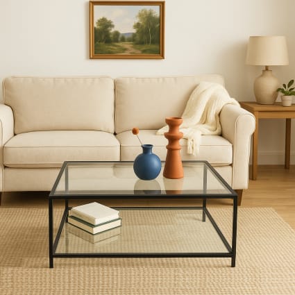 Table Basse Verre Et Bois Avec Deux Poufs – Légères Rayures – Salon