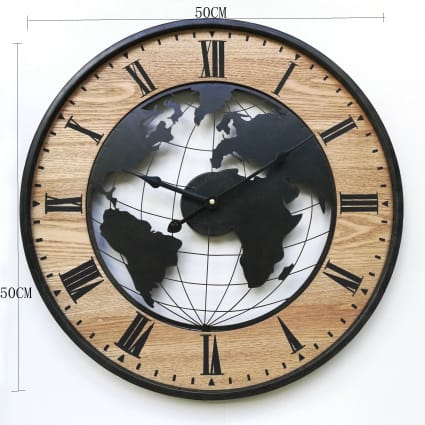 Reloj mapamundi de madera y metal negro y marrón 50 cm