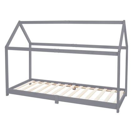 Lit Cabane Enfant 90x200 Cm En Forme De Cheminée - En Pin Et MDF, Avec Barrières De Sécurité - Sans Matelas - Couleur Gris