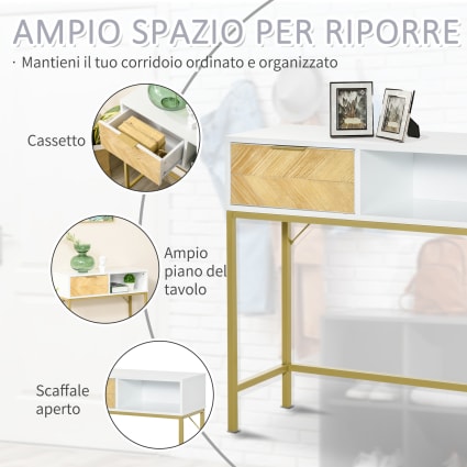 Tavolo Console Ingresso - 100x30x79 Cm, Effetto Marmo Bianco E Oro, Gambe A W, Carico 50 Kg, Per Corridoio E Salotto