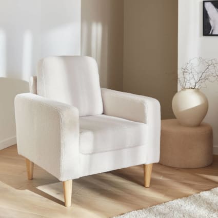 Fauteuil à Bouclettes Blanc Cassé. Scandinave - Bjorn - Canapé 1 Place Fixe Droit Pieds Bois