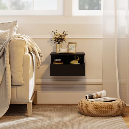 Il numero 1 del risparmio-SET DA 2 COMODINI MODERNI SOSPESI CON CASSETTO E MENSOLA IN LEGNO