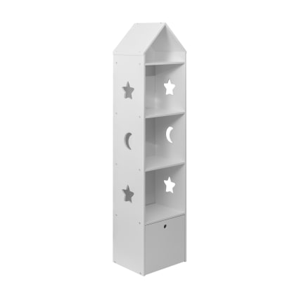 Kinderbuchregal mit 4 Fachböden und 1 Schublade aus weißem MDF Gioia