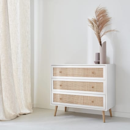Kommode in Holzdekor Weiß und Rattan-Geflecht, B 90 cm Bohème