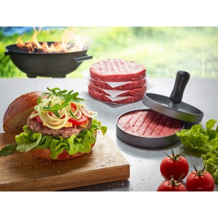 Presse à Hamburger En Aluminium 14 Cm – 3 épaisseurs Réglables – Poignée Bois Anti-brûlure