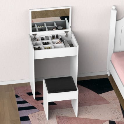 HOMCOM Toeletta Con Specchio Ribaltabile E Sgabello Imbottito - Scrivania A Scomparsa Con Contenitore, Legno - 4