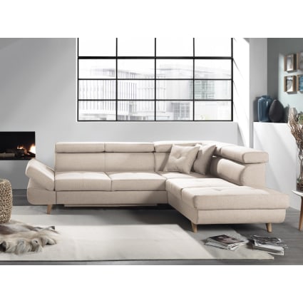 Canapé D'angle Convertible Beige Et Bandes Grises Avec Pouf – Modèle DAYO