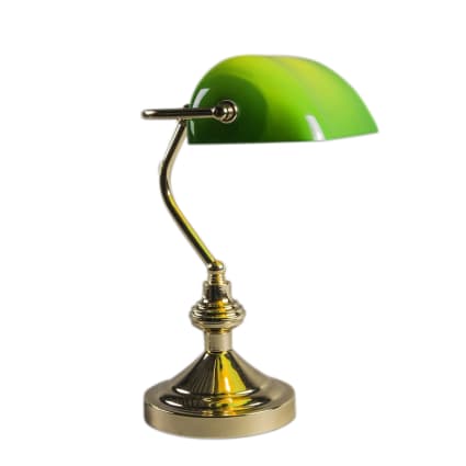 Lampada Da Tavolo Classica In Stile Banchiere: Base In Metallo Ottone Lucido, Paralume In Vetro Verde, Attacco E27. Perfetta Per Ufficio, Scrivania O Casa. Senza Lampadina.