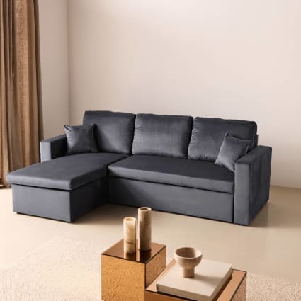 Vente-unique Chesterfield Sofa 3-Sitzer & Sessel Edwina – Hellgrauer Samt, Metallfüße, Klassisches Design
