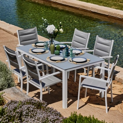 Set aus festem Tisch 160×90 und 6 Stühlen Garten weiß Tokyo