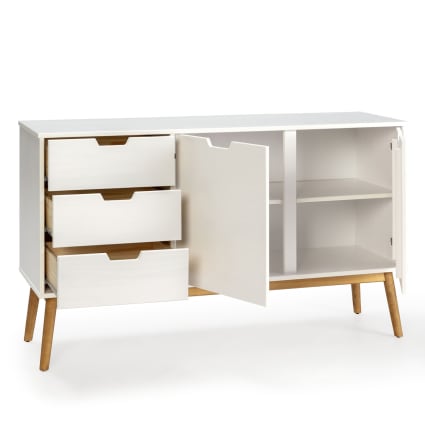 Credenza cassetti e porte bianco, pino massiccio, 140 cm