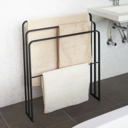 Porte-Serviettes Roulant 3 Niveaux - Avec 4 Roulettes (2 Freins) - Hauteur Réglable - Métal Noir - Pour Salle De Bain, Hôtel, Spa - 3