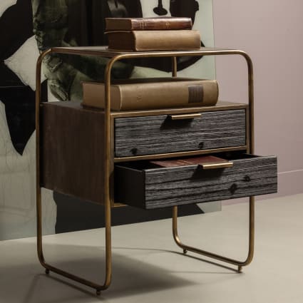 Nachtschrank mit Schubladen aus Metall und Bois, Antik Brass Polite