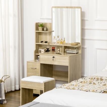 Table De Toilette Lumineuse Pour Enfant Avec Tabouret, Miroir Et Tiroir - Bois Rose - 85 Cm