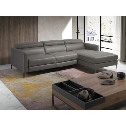 Divano a chaise longue in pelle grigio scuro con meccanismo relax