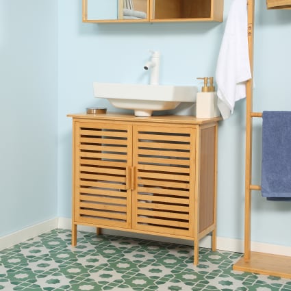 Meuble Salle De Bain - Kleankin - 2 étagères Ouvertes Et Double Porte à Lattes - En Bambou - 60 X 30 X 120 Cm - Effet Bois Naturel