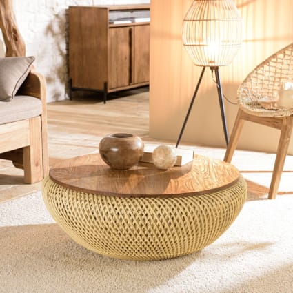 Runder Couchtisch aus Rattan mit abnehmbarem Tablett D81, beige Sixtine