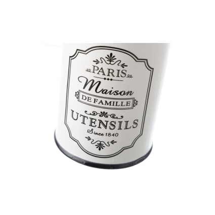 Porte-ustensile De Cuisine Ancien – Tôle émaillée Blanche, Motif Floral, Vintage