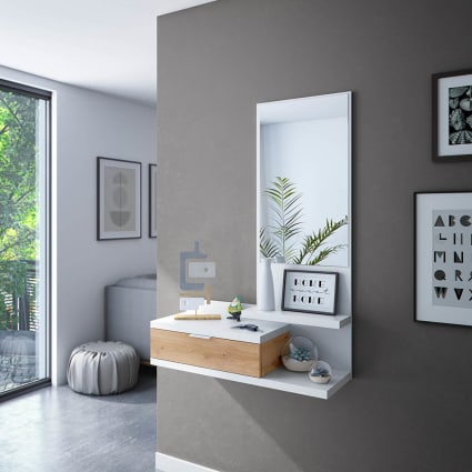 Console Murale DAREKA Avec Tiroir Et Niches - 90 Cm - Blanc Et Naturel - À Fixer Au Mur